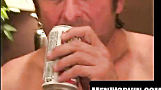 Rugged amateur drains his puny spear while smoking