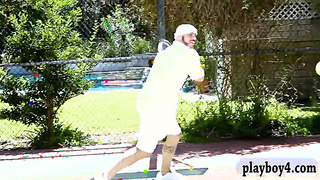 Thick globes light-haired plumbed after frolicking tennis outdoors