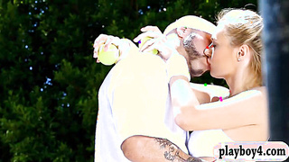 Thick globes light-haired plumbed after frolicking tennis outdoors