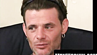 Bearded pillow-biter demonstrates tatts while milking manhood rock-hard