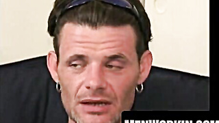 Bearded pillow-biter demonstrates tatts while milking manhood rock-hard