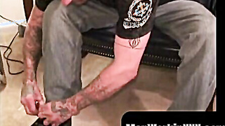 MenWorkinXXX.com - Tatted amateur makes his pierced penis firm and masturbates off energetically