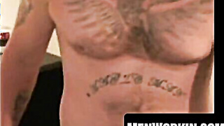 Strongly inked senior stud faps stiff in his guest room