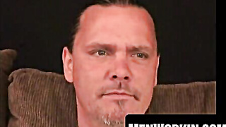 Tatted elderly amateur smokes while tugging off rigid