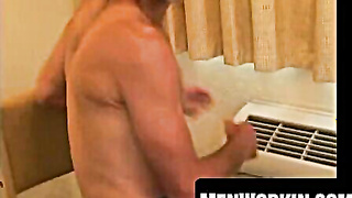 Raunchy silver fox takes off bare and jacks his fat spunk-pump