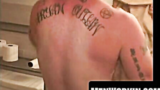 Inked bear ripples muscles before wanking his meat