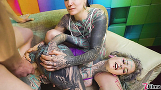 two Intense Tat Women Get Booty Humped By A Gigantic Pecker