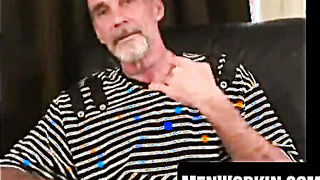 Raunchy aged man tugs his rock hard man meat after smoking