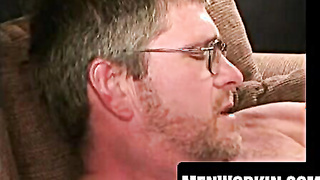 Big aged boy with glasses massages himself and spunks