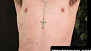 Tatted pierced mature milks and spunks on his abdomen