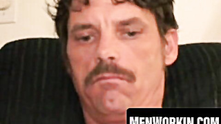 Perverted mature stud plays with large trouser snake till spunk