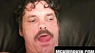 Perverted mature stud plays with large trouser snake till spunk