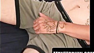 Tatted boy smokes cigars while masturbating softly