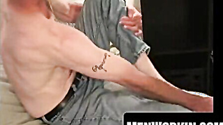 Inked elderly batty man milks his ginormous man rod in couch