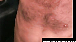 Unshaved mature grizzly likes pulling his pulsing trunk