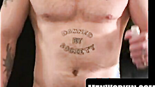 Smooth-shaven thug jacks off and ejaculates on a plate solo