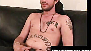 Tatted thug fumbles wooly knob before dumping jizz