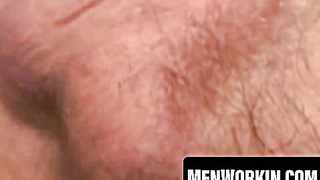 Tatted amateur plays with nutsack while draining