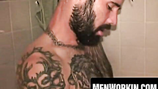 Wooly elderly stud wanks and pops on his abdomen