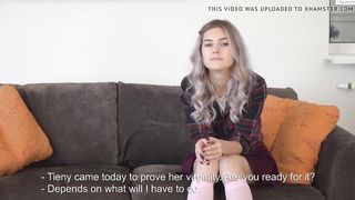 Jumpy hotty Tieny Mieny demonstrates her hymen for the first-ever time