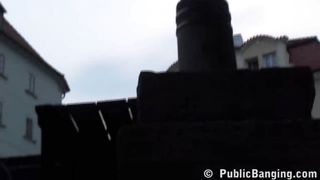 European woman gets plumbed by 2 outdoor