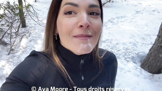 A French doll inhales a good-sized trouser snake in the snow and drinks all the jizz - Dt jizz flow