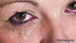 Vigorous sweetie gets jizm fountain on her face guzzling all the cum