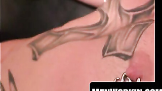 Shaved man with nip rings tugs on his gigantic rigid spunk-pump