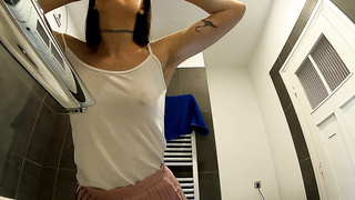 Bare-chested warm dark haired thin and naughty stunner in a pinkish mini micro-skirt to flash her fantastic rump and gams