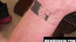 Bearded inked mature man jerks fuck-stick and pops on self