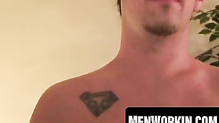 Tatted middle senior fellow shoots a load on plate after stroking off