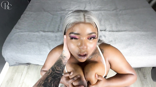 Ultra-kinky Ebony Female Prays a White Man to Pound Her Face, Hooters and Snatch Until He Jizzes on Her Ginormous Booty