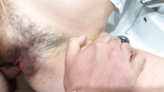 Internal cumshot in my unshaved vulva, my step-father packs me with ball butter in the shower while his buddies are in the living apartment