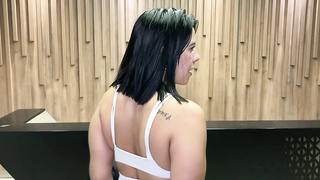 LATINA COUGAR NEIGHBOR humps a BIG BLACK COCK in the office elevator, unclothes the love glove, internal ejaculation, bi-racial