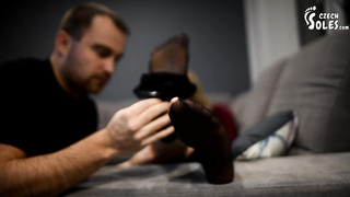 Asking at Dark Girl's soles for his life (female domination, sole sub, high high-heeled slippers, footdom, stockings, feet)