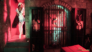 2 satans break from their cages and screw a black-haired in white pantyhose