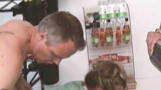 SUPER-HOT SUPERMARKET THREE-WAYS Vignette-1_2 mischievous supermarket assistants having fuck-a-thon together with a client in the supermarket