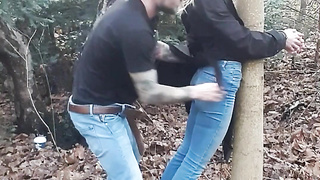 Pt two. Woods Fucky-fucky Sidecam. Dutch Light-haired Cuffed Gf Gets Facehole And Cooter Plowed By Fellow Standing Dogg And Gasping Against Tree