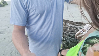 blowage and money-shot of daughter on a public beach