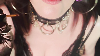 This Punk Female, Tina Snua, Smoking A Ciggy In Satin Mittens & Jewellery - Smoker Goth Smokes