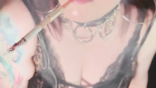 This Punk Female, Tina Snua, Smoking A Ciggy In Satin Mittens & Jewellery - Smoker Goth Smokes