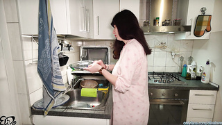 PREGGIE does tit-banging in the kitchen after WASHING the dishes