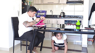 Stepsis Looks For Her Stepbrothers Weenie Under The Table! Concludes Up With Her...