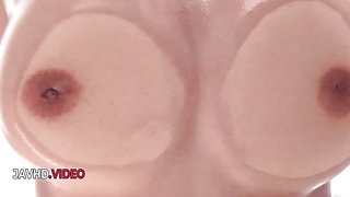 Heavy Japanese honey Anne demonstrates off moist T t-shirt then pulls globes free-for-all