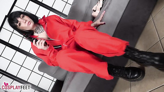 A inked and phat jugged stunner Tokyo posing her luxurious looking soles on the bed