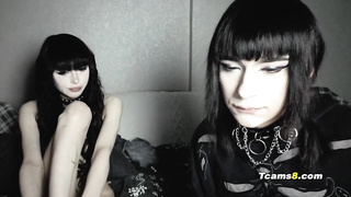 Goth lady wanks emo she-creature bone while gargling deep