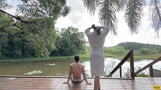 Young duo has romp in the morning on a farm for the first-ever time