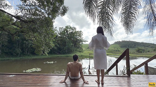 Young duo has romp in the morning on a farm for the first-ever time