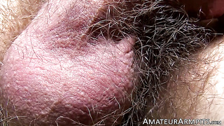 Bearded William Crowns beefstick spills its jism on his wooly torso