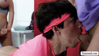 Observe this three-way butt sex fuckfest in gym locker apartment